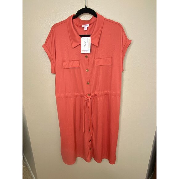 LuLaRoe Womens Collared Button-Down Short Sleeve Dress Coral Large NEW Polyester - Picture 2 of 7